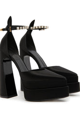 Crystal-Embellished Satin Double Platform Pointy Block Heel Ankle Pumps - Black