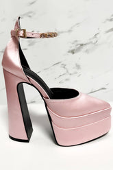 Crystal-Embellished Satin Double Platform Pointy Block Heel Ankle Pumps - Pink