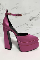 Crystal-Embellished Satin Double Platform Pointy Block Heel Ankle Pumps - Hot Pink