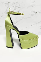 Crystal-Embellished Satin Double Platform Pointy Block Heel Ankle Pumps - Avocado