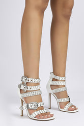 Studded Rhinestone-Embellished Buckle Gladiator Stiletto Heeled Sandal - White