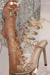 Crystal-Embellished Butterfly Snake Ankle Wrap Stiletto Sandals - Gold