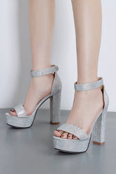 Silver Diamante Platform Ankle Strap Heels