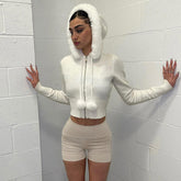 Fuzzy Faux Fur Pom Pom Detail Long Sleeve Zip Front Hooded Crop Knit Cardigan