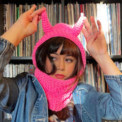 Halloween Solid Color Devil Horn Chunky Knit Hood Beanie