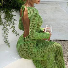 Sexy Bow Neck Cutout Tie Back Long Sleeve Split Crochet Knit Maxi Cover Up Dress