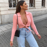 Sexy Pink Chunky Rib Knit V Neck Wrap Around Cropped Cardigan