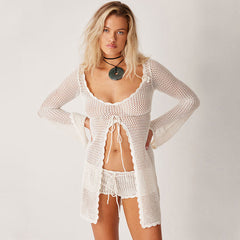 Sexy Scalloped Scoop Neck Bell Sleeve Petal Trim Split Crochet Knit Cover Up