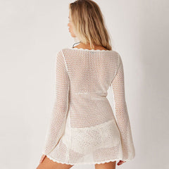 Sexy Scalloped Scoop Neck Bell Sleeve Petal Trim Split Crochet Knit Cover Up