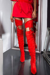 Red Suede Belted Thigh High Boots