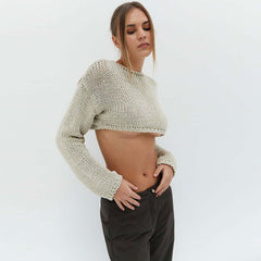 Street Style Crew Neck Drop Shoulder Pullover Beige Cropped Knit Sweater