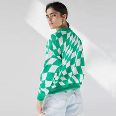 Unique Argyle Checkered Print High Neck Drop Shoulder Sweater