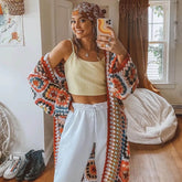 Vintage Hooded Long Sleeve Multicolored Crochet Granny Square Cardigan