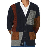 Vintage V Neck Button Up Pocket Trim Men Winter Patchwork Cable Knit Cardigan