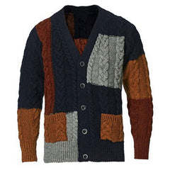 Vintage V Neck Button Up Pocket Trim Men Winter Patchwork Cable Knit Cardigan