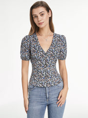 Short Puff Sleeve V Neck Multi Floral Top