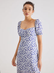Short Puff Sleeve Lilac Floral Midi Ruffle Dress