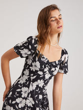 Short Puff Sleeve Square Neck Midi Slit Dress