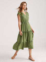 Flutter Sleeve Tiered Slit Midi Dress