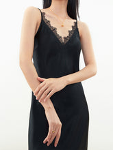 V-Neck Lace Trim Satin FLowy Strap Midi Dress