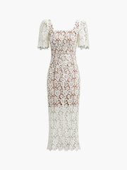 Rhinestone Floral Lace Zippered Midi Dress