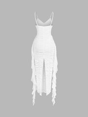 Rosette Ruffle Ruched Long Dress