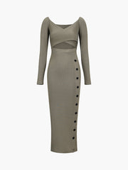 Side Buttoned Rib Cutout Long Dress
