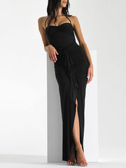 Elisabetta Ruched Halter Long Dress