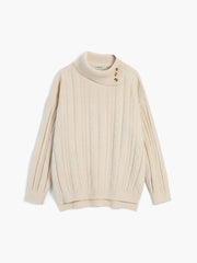 Buttoned Neckline Mock Neck Cable Knit Sweater