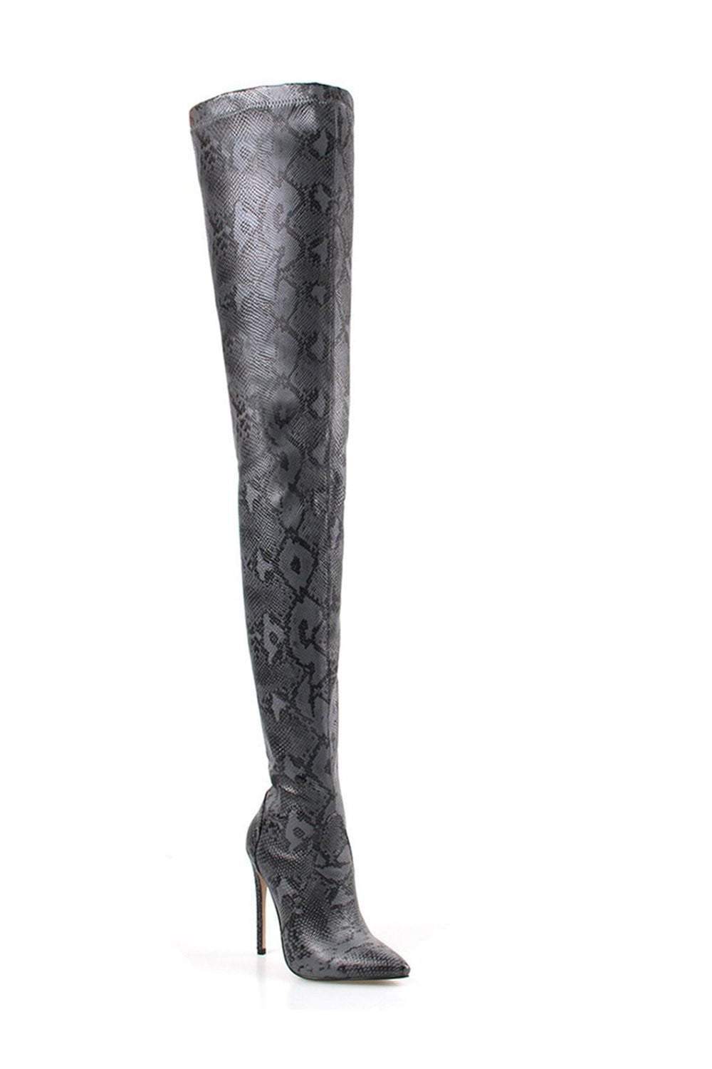 Darkgray Snake Print Stiletto Thigh High Boots