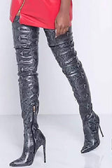 Darkgray Snake Print Stiletto Thigh High Boots