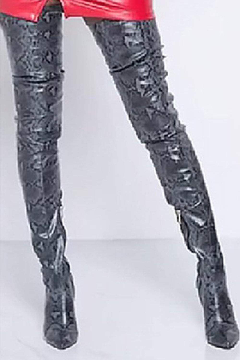 Darkgray Snake Print Stiletto Thigh High Boots