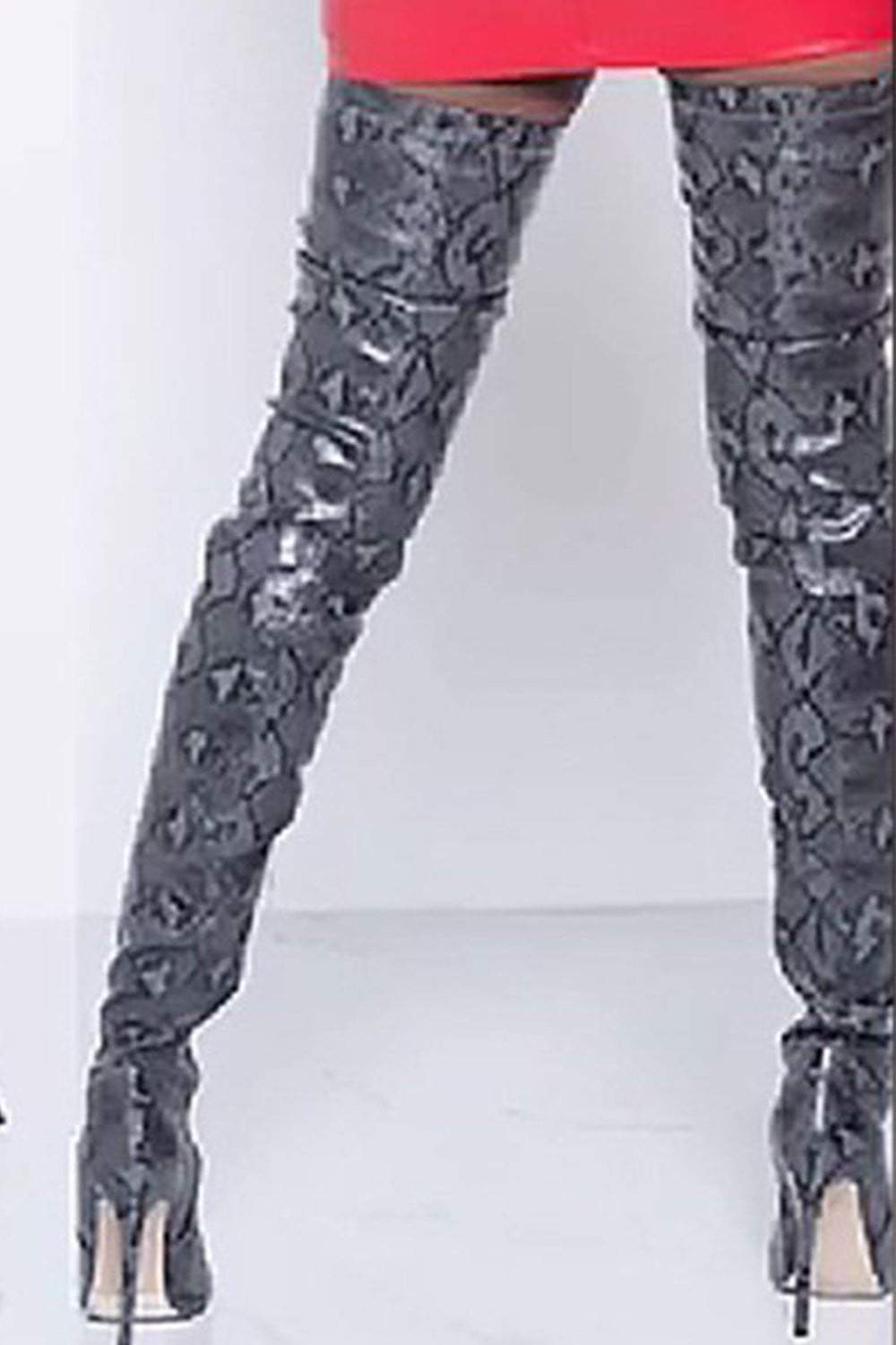 Darkgray Snake Print Stiletto Thigh High Boots