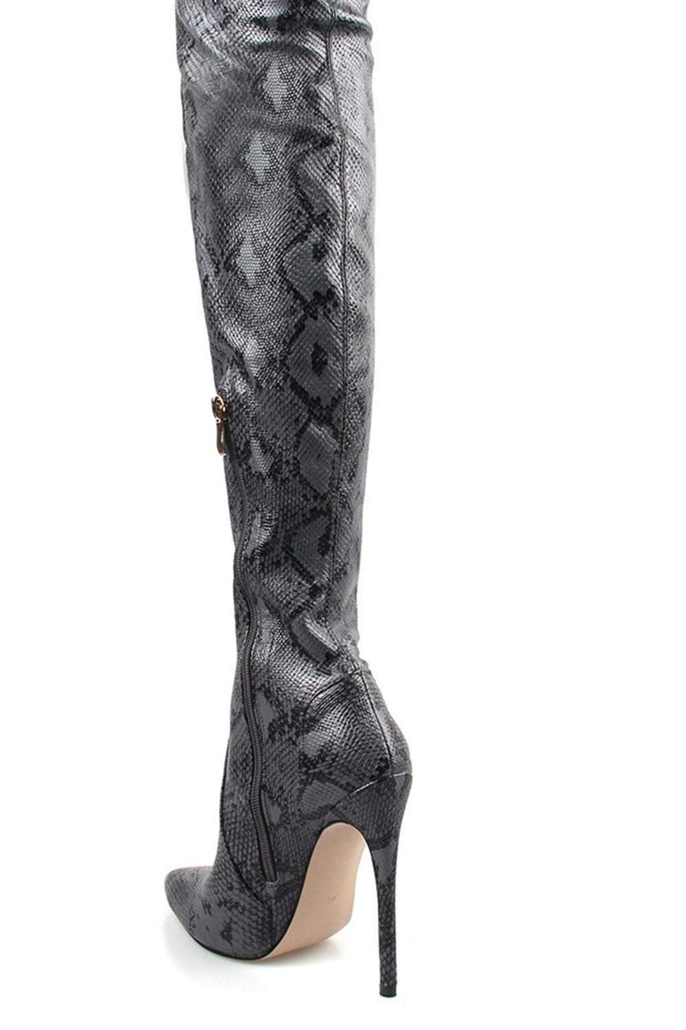 Darkgray Snake Print Stiletto Thigh High Boots