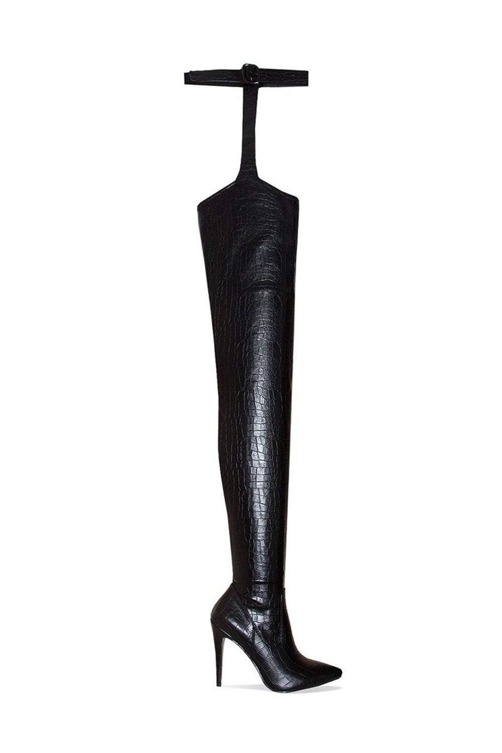 Black Croc Belted Thigh High Boots