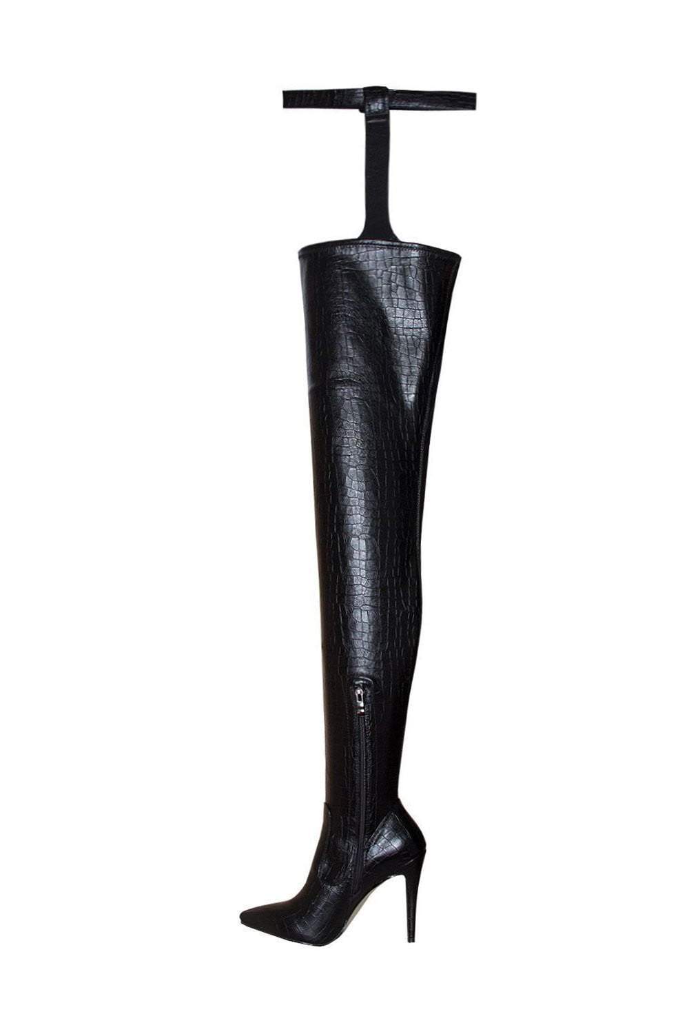 Black Croc Belted Thigh High Boots