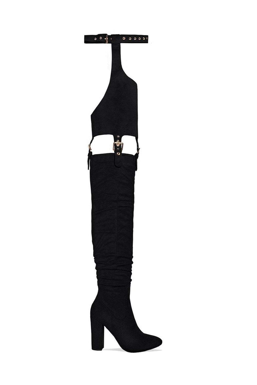 Black Suede Belted Thigh High Boots