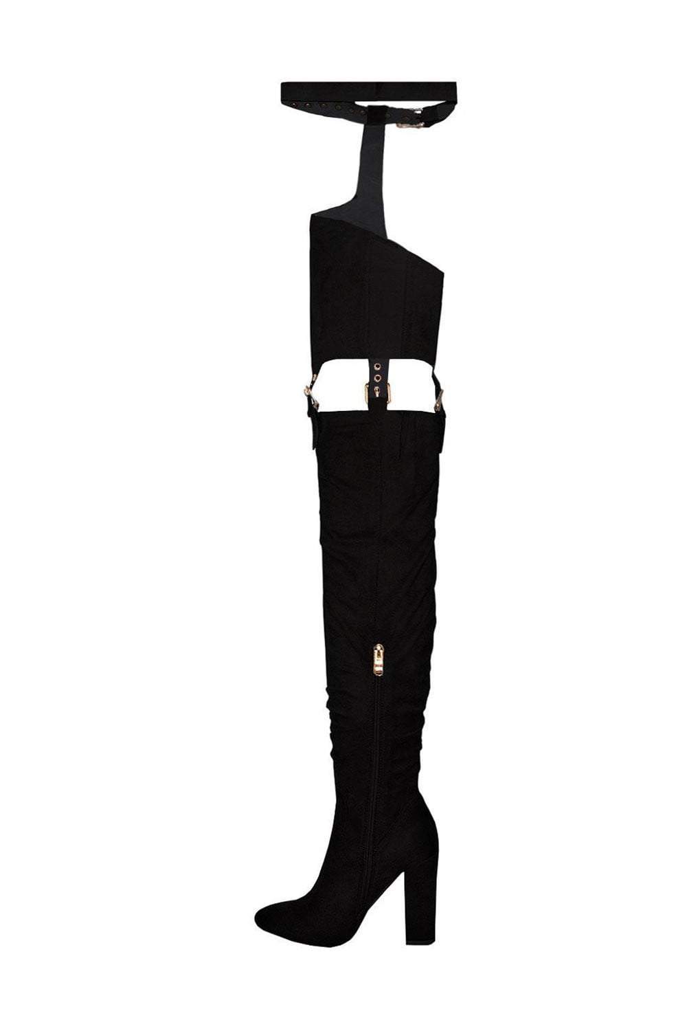 Black Suede Belted Thigh High Boots