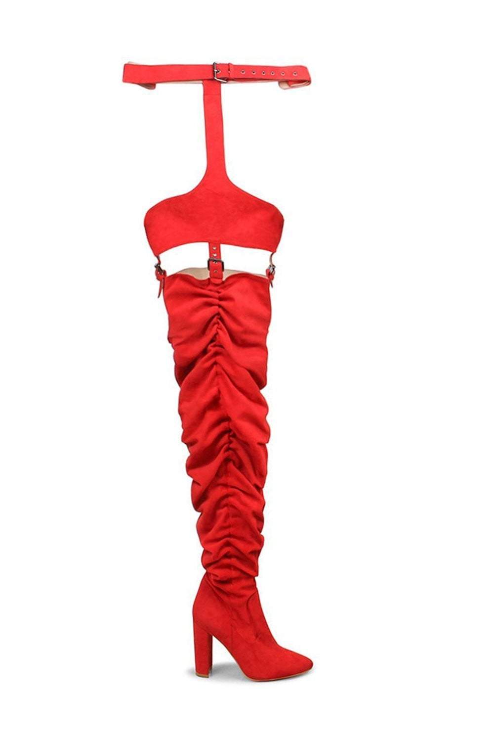 Red Suede Belted Thigh High Boots