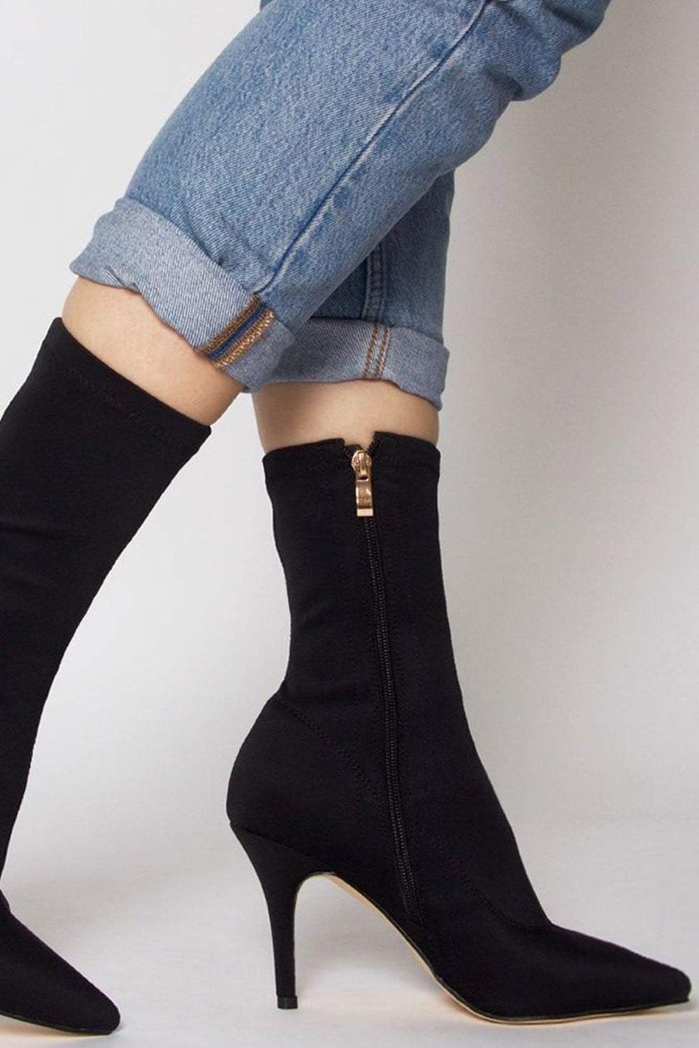 Black Pointed Sock Stiletto Heeled Boots