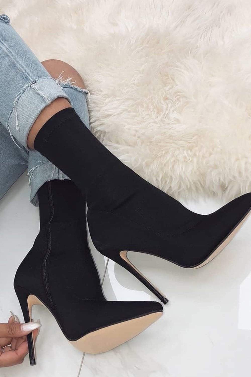 Black Pointed Sock Stiletto Heeled Boots