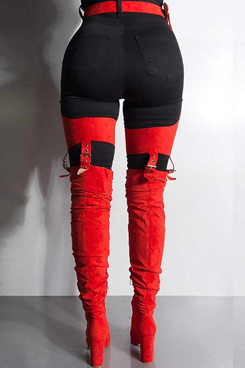 Red Suede Belted Thigh High Boots