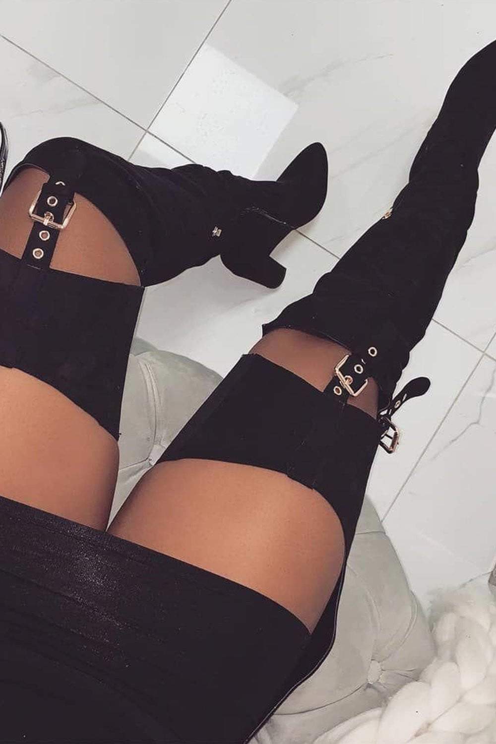 Black Suede Belted Thigh High Boots