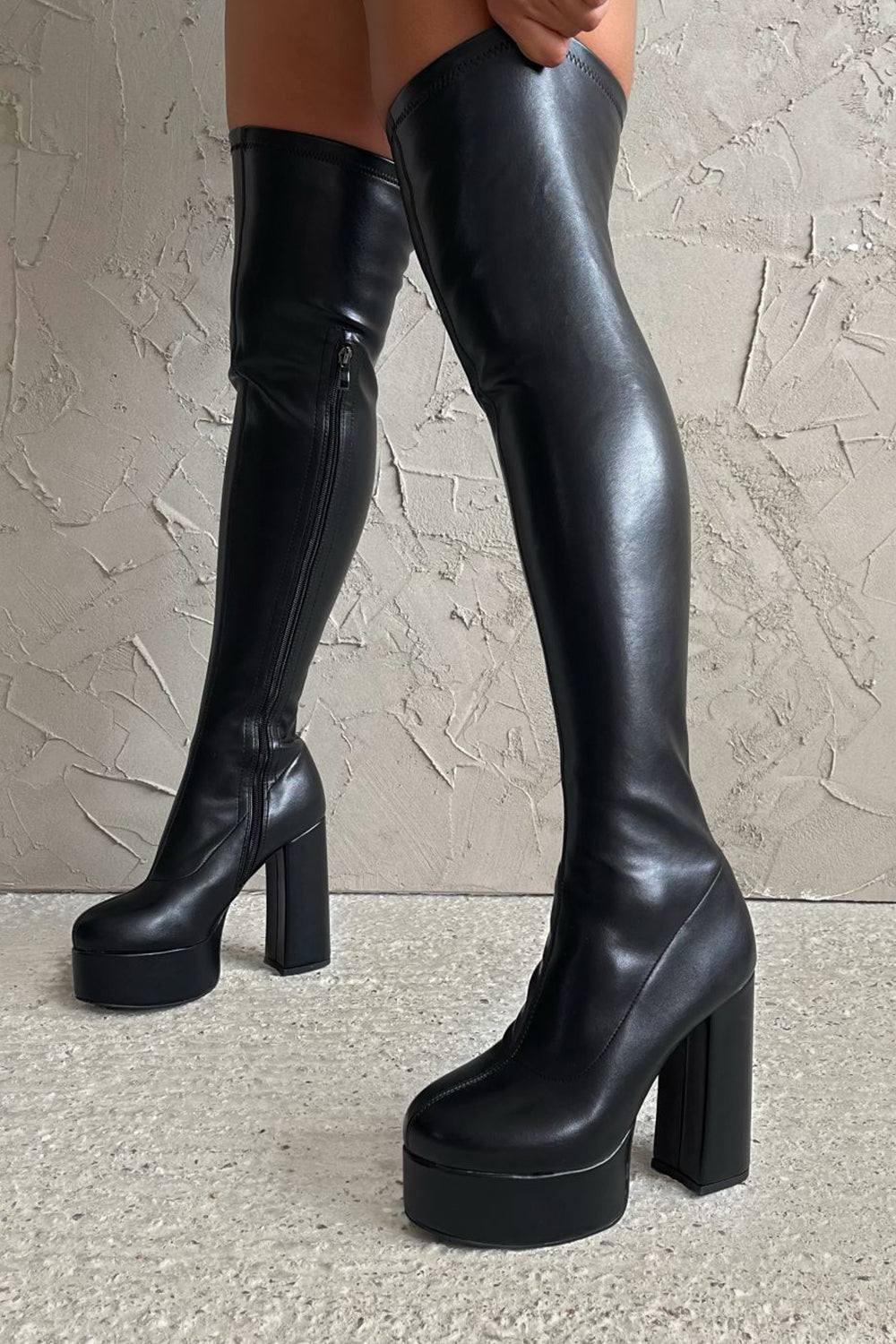 Black Platform Block Heel Thigh High Boots