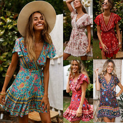 Summer Wrap V Neck Bohemian Floral Print Mini Dress