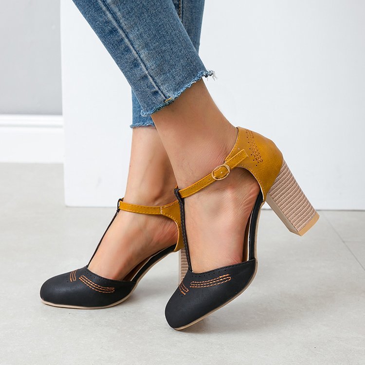 Ariel® | Vintage Color Block Sandals Casual Chunky Heel Buckle Shoes