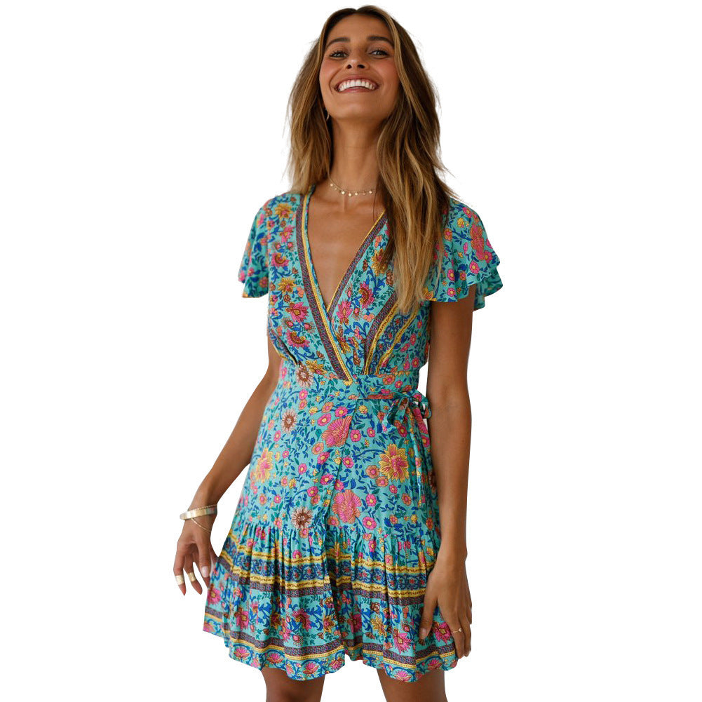 Summer Wrap V Neck Bohemian Floral Print Mini Dress