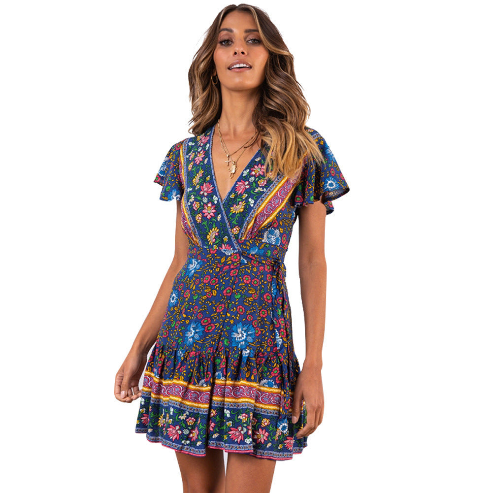 Summer Wrap V Neck Bohemian Floral Print Mini Dress