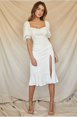 Square Neck Short Puff Sleeve Contour Slit Dress