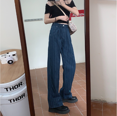 Pinstripe Denim Straight Leg Jeans